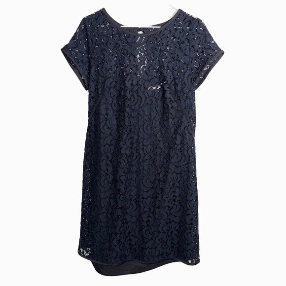 Ann Taylor LOFT Lace Shift Dress Women’s 10 Navy Short Sleeve Lined Cocktail - Picture 2 of 16
